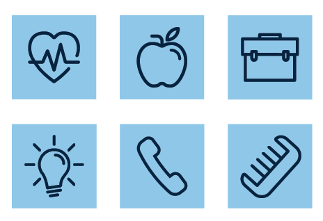 Icons from the Resource Finder database that include: a heart monitor, apple, briefcase, lightbulb, phone, and comb