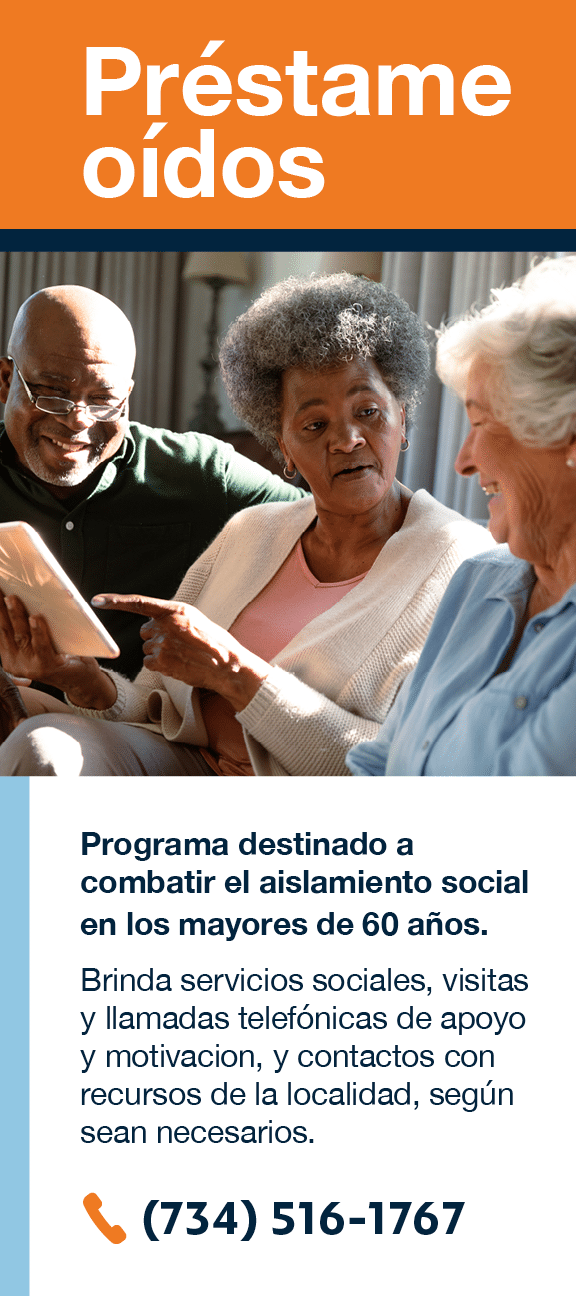 Spanish Hearken Rack Card Cover which links to a download of the PDF about how to help with isolation as an older adult and how you can be helped with the Senior Alliance