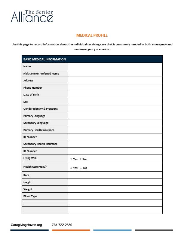 Medical Profile Form Example Caregiver Binder - The Senior Alliance