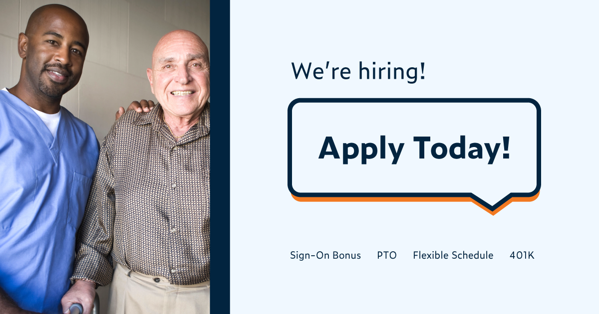A two-panel graphic. The first panel shows an older man with his make nurse and both are smiling. The second panel says “Apply Today” and lists the benefits of working at The Senior Alliance: Sign-on bonus, PTO, flexible schedule, and 401K.