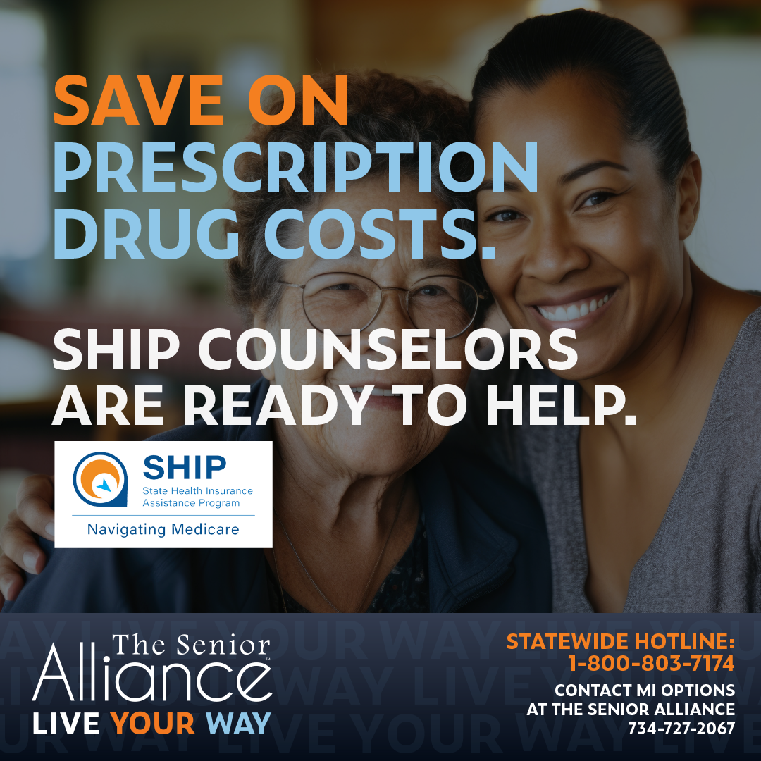 Save on prescription drug costs graphic with image in the background