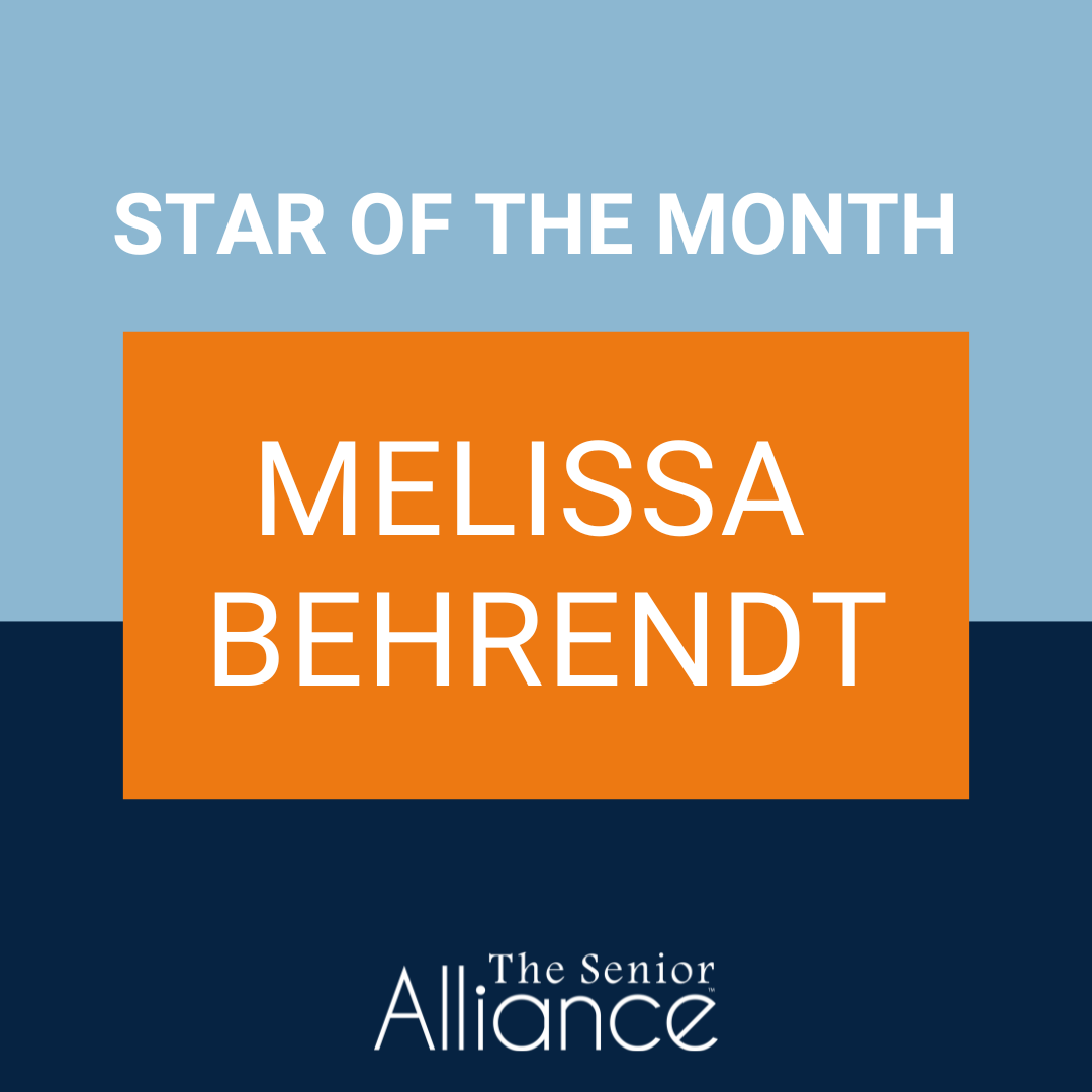 January's Star of the Month is Melissa Behrendt. There is no photo; just a graphic in The Senior Alliance's blues and orange.