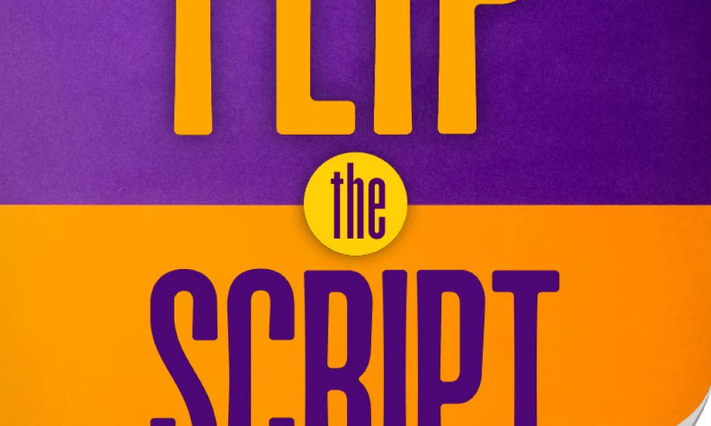 A colorful graphic for Older Americans Month, featuring the phrase "FLIP the SCRIPT on aging" in large, bold letters, with the official logo for Older Americans Month and a website link (acl.gov/oam) visible.